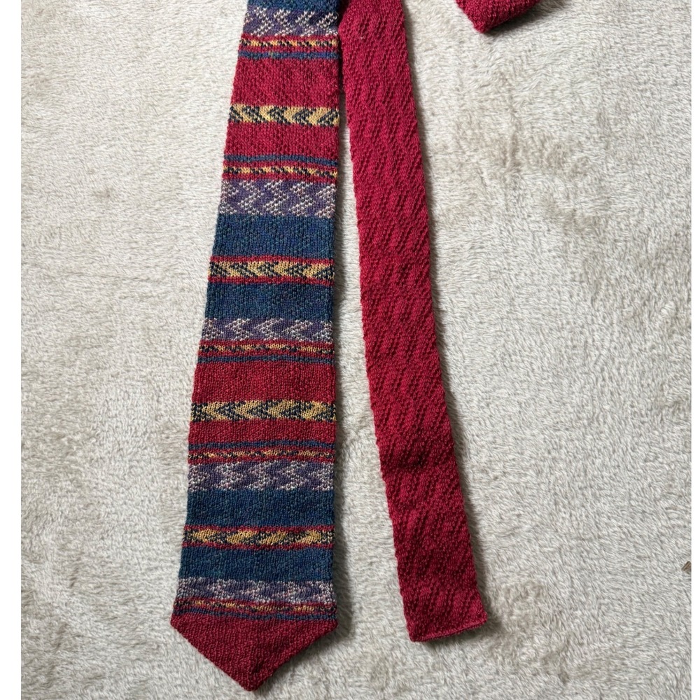 Roosterknit  Vintage Wool Knit Tie Red Blue Striped Geometric USA Made Classic
